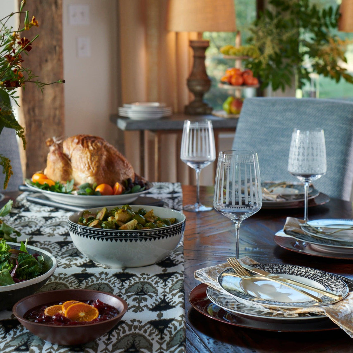 A Caskata Artisanal Home Marrakech Vegetable Serving Bowl with a turkey on it, serving bowl.