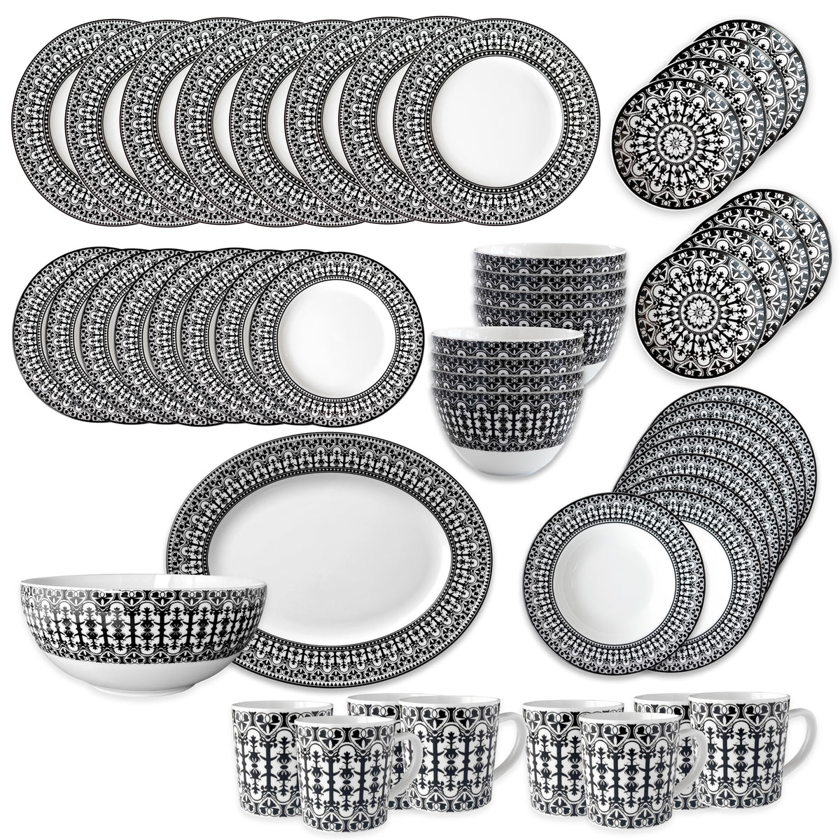 The Caskata Casablanca Ultimate Set includes 50 porcelain plates, bowls, cups, and platters with a black and white pattern on a white background. This dinnerware is stylish, dishwasher safe, and microwave safe.