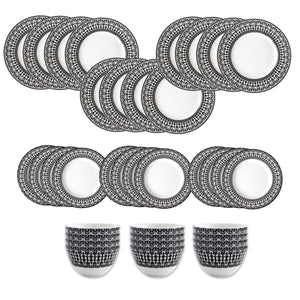 The Caskata Casablanca Table for 12 is a stylish 36-piece porcelain dinnerware set with 12 patterned dinner plates, 12 side plates, and 12 bowls on a white background. Dishwasher and microwave safe for everyday use.