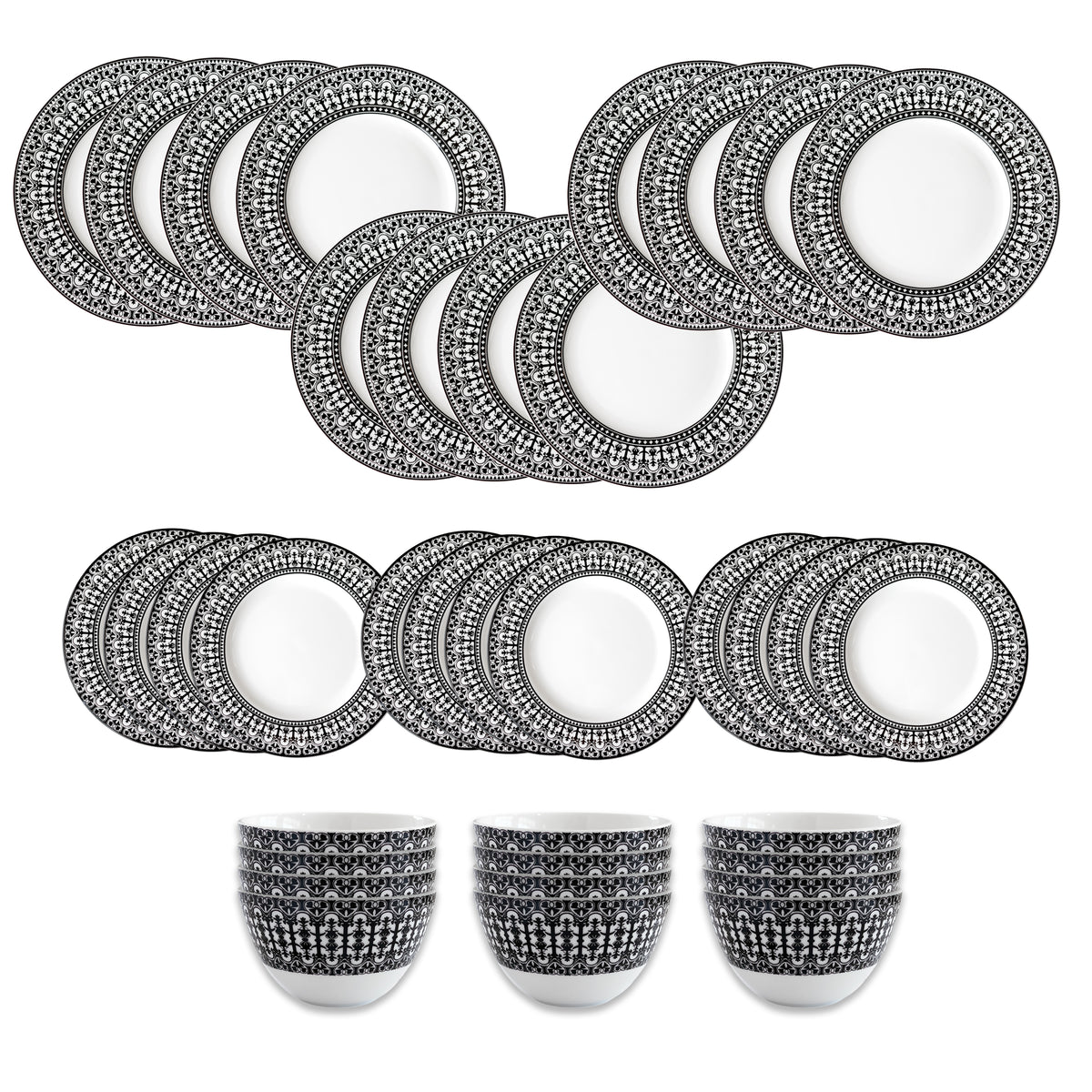 The Caskata Casablanca Table for 12 is a stylish 36-piece porcelain dinnerware set with 12 patterned dinner plates, 12 side plates, and 12 bowls on a white background. Dishwasher and microwave safe for everyday use.