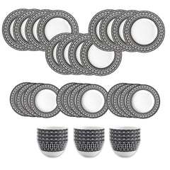 The Caskata Casablanca Table for 12 is a stylish 36-piece porcelain dinnerware set with 12 patterned dinner plates, 12 side plates, and 12 bowls on a white background. Dishwasher and microwave safe for everyday use.