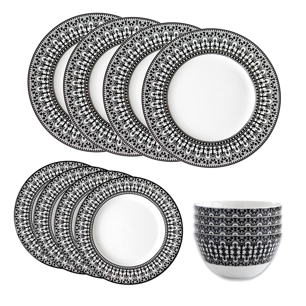 The Casablanca Table for 4 by Caskata includes six patterned dinner plates, six side plates, and six matching high-fired porcelain bowls. Dishwasher and microwave safe, all pieces are neatly displayed on a white background.