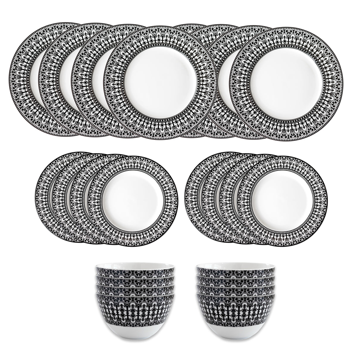 The Caskata Casablanca Table for 8 is a 24-piece porcelain dinnerware set with patterned black and white plates and bowls, displayed in rows on a white background. Dishwasher and microwave safe.