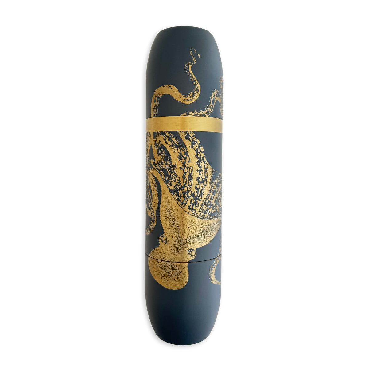 Caskata x High Camp Flask in Dark Blue with Lucy the Octopus engraved on Wine Flask against white background