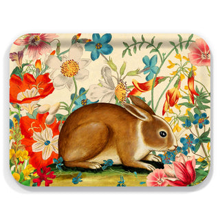 The Caskata Bunny Maximus Large Rectangular Birchwood Tray features a brown bunny nestled among colorful flowers and lush greenery.