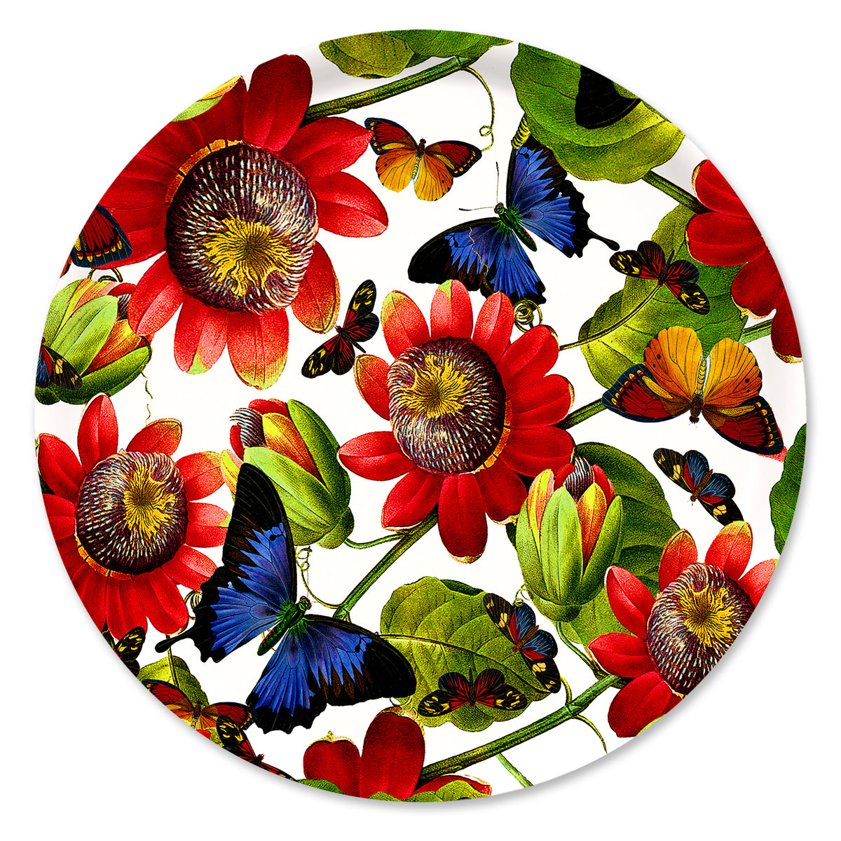 The Caskata Butterflies Large Round Birchwood Tray features vibrant red flowers and colorful butterflies on a white background, ideal for maximalist style lovers.