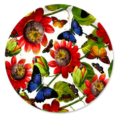 The Caskata Butterflies Large Round Birchwood Tray features vibrant red flowers and colorful butterflies on a white background, ideal for maximalist style lovers.