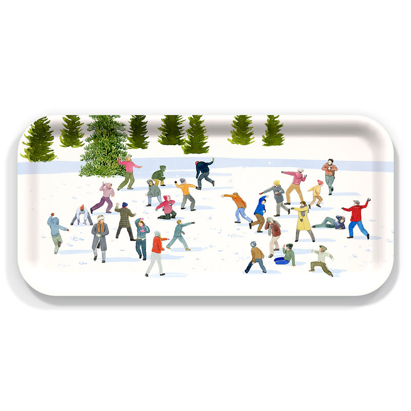 Caskata X Felix Doolittle Rectangular Birchwood Tray with a Watercolor Winter Scene of People in a Snowball Fight.