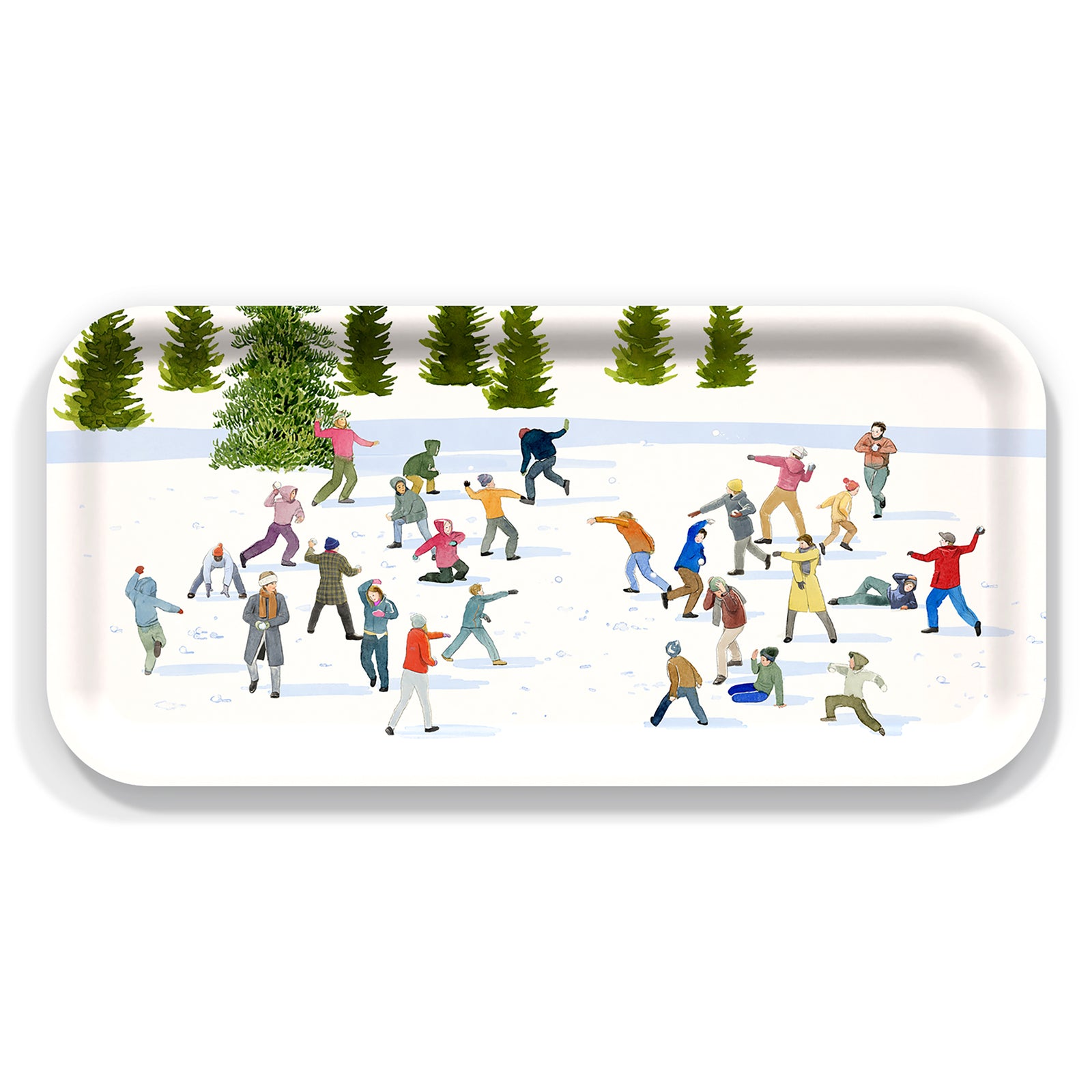 Caskata X Felix Doolittle Rectangular Birchwood Tray with a Watercolor Winter Scene of People in a Snowball Fight.