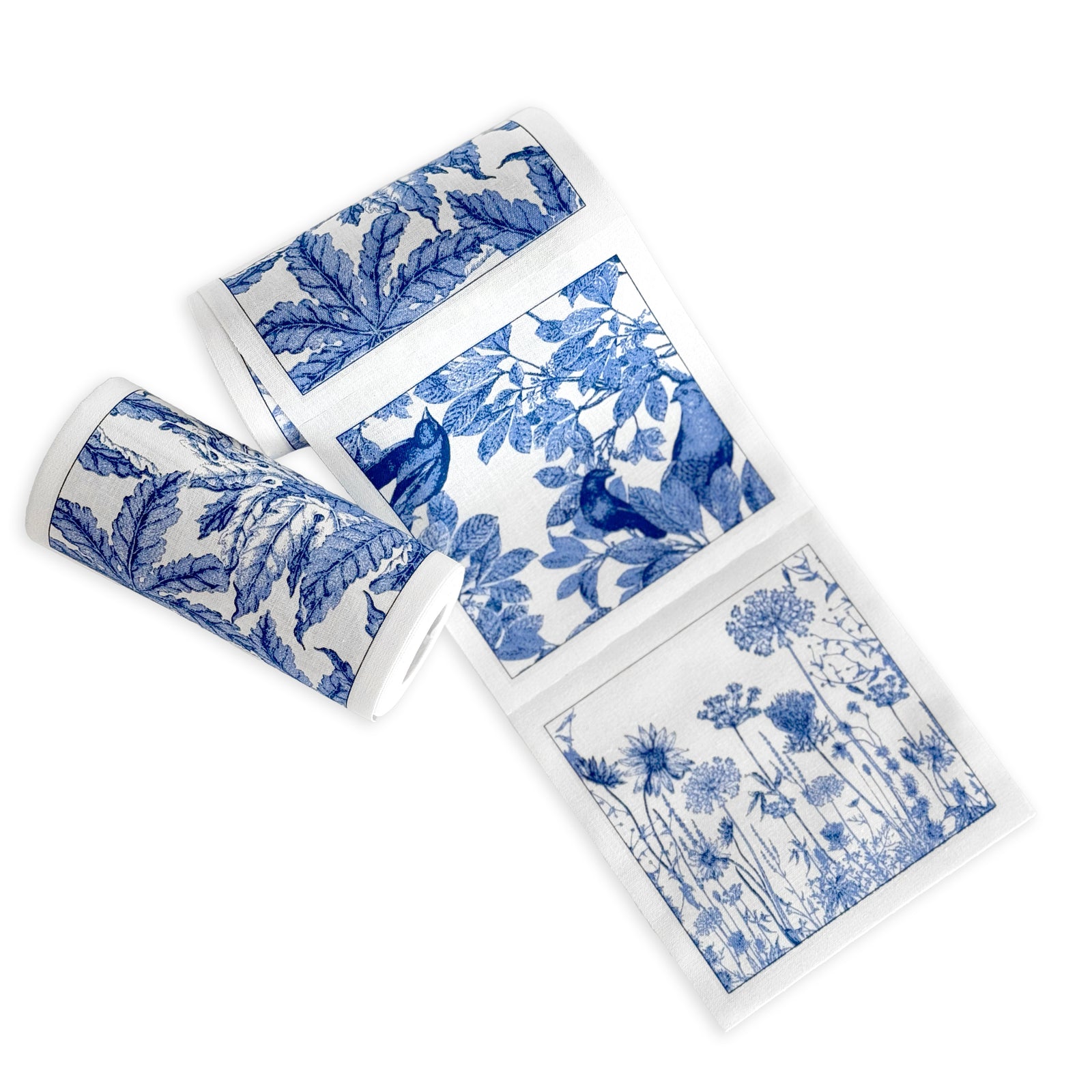 Caskata Botanical Cocktail Napkins on a roll, featuring best-selling patterns in blue and white on a cotton-linen blend that's reusable. These rolls come 50 napkins to a roll.