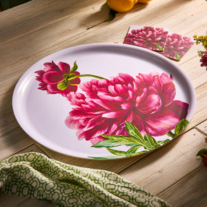Pink Peony Large Round Birchwood Tray
