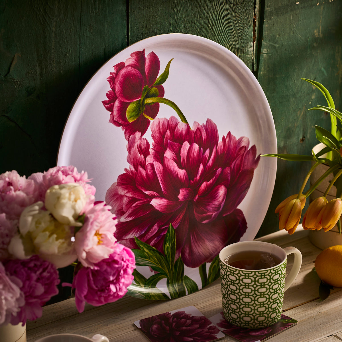Pink Peony Large Round Birchwood Tray