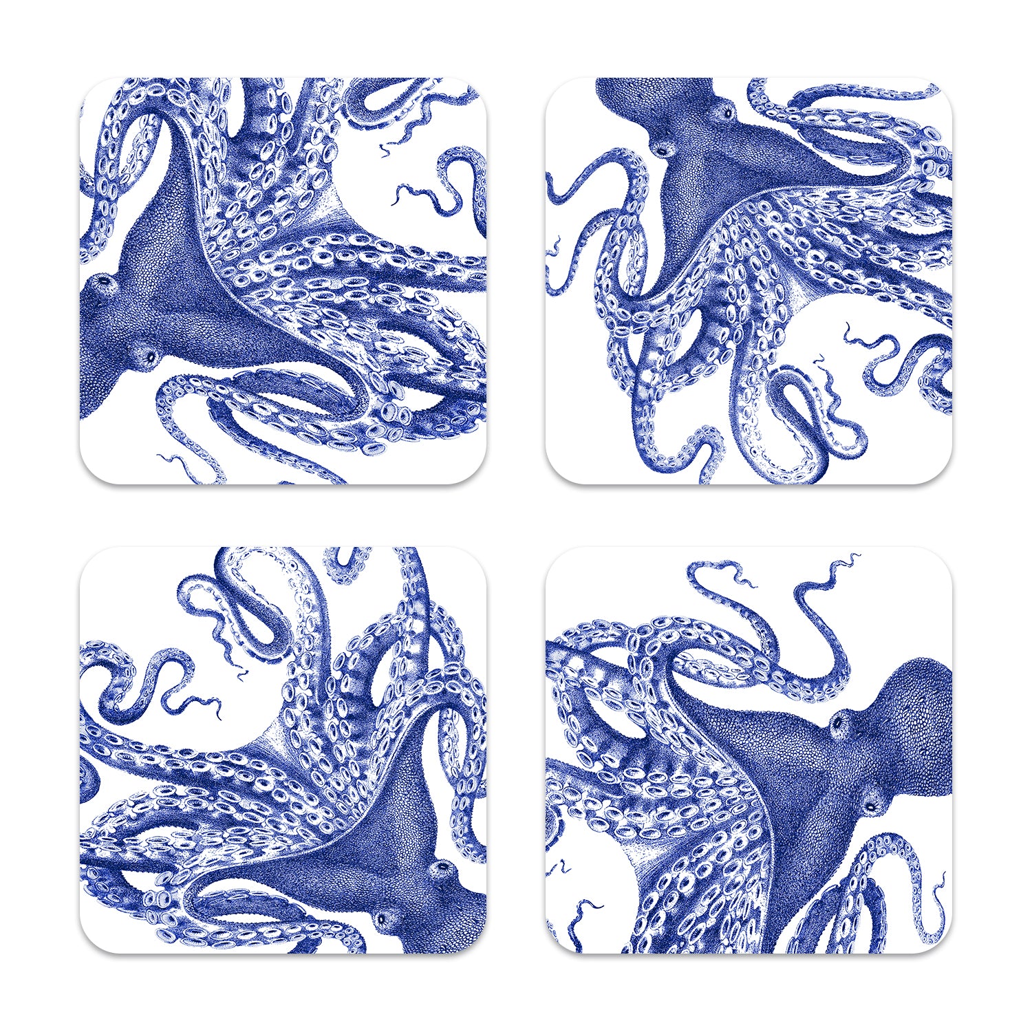 The Caskata Lucy Birchwood Coasters, a set of 4, feature intricate blue octopus designs with swirling tentacles on a white background, making them an ideal accent for any beach-lover's home.