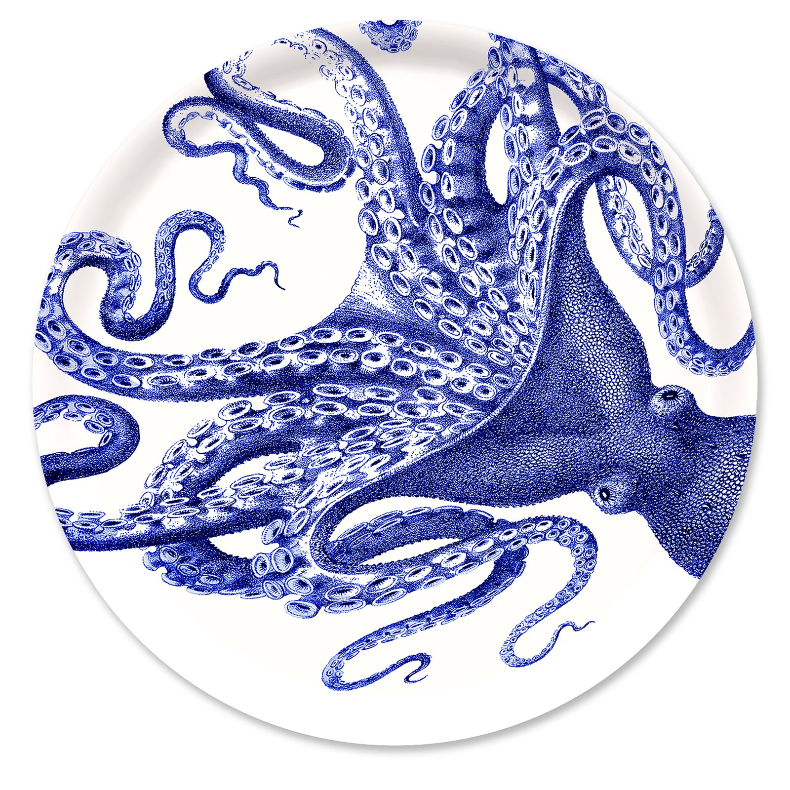 The Lucy Large Round Birchwood Tray by Caskata features a detailed blue octopus with intricate tentacles on a white background, adding nautical charm to sustainable entertaining.