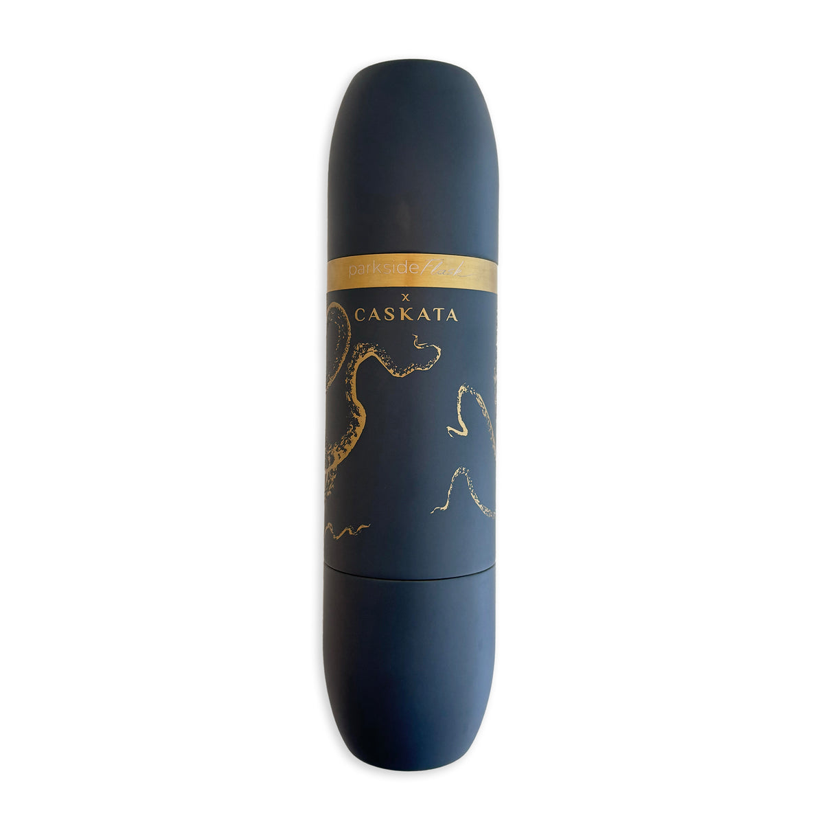 Back Side of Caskata x High Camp Flask in Dark Blue with Lucy the Octopus engraved on Wine Flask on white background
