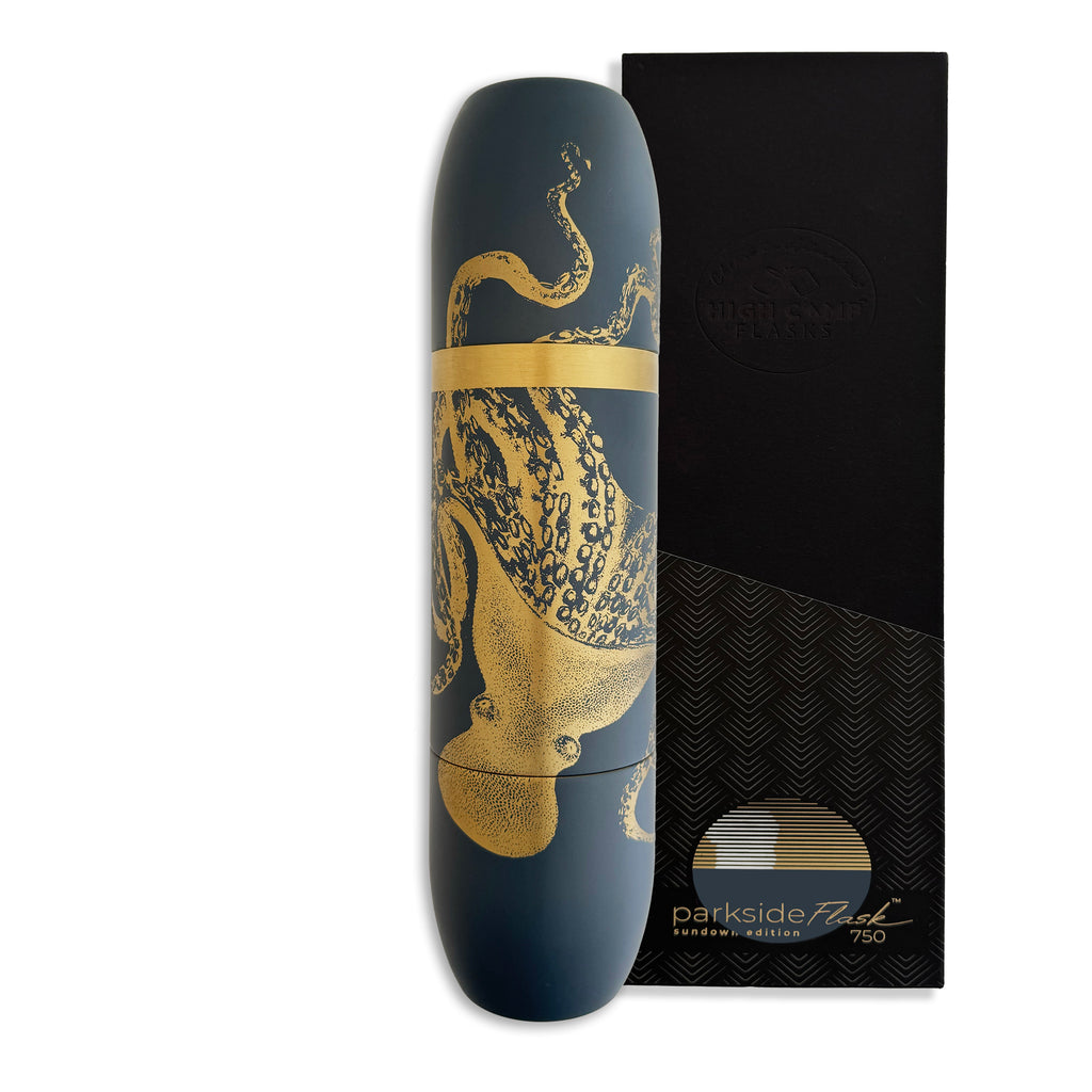 Caskata x High Camp Flask in Dark Blue with Lucy the Octopus engraved on Wine Flask with Box on white background