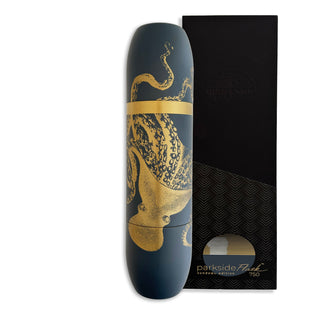 Caskata x High Camp Flask in Dark Blue with Lucy the Octopus engraved on Wine Flask with Box on white background
