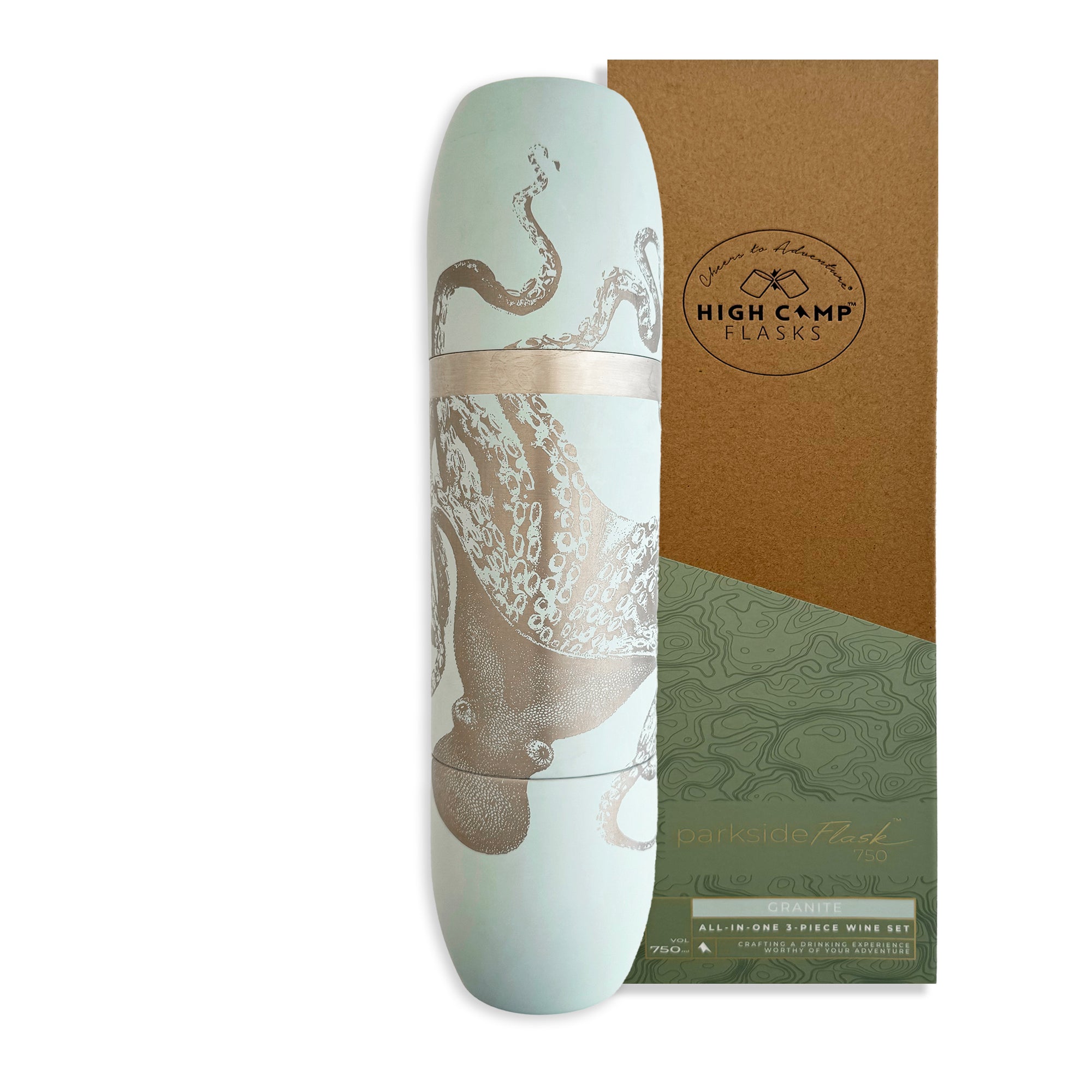 Caskata x High Camp Flasks Light Blue Lucy the Octopus Engraved Wine Flask with box on white