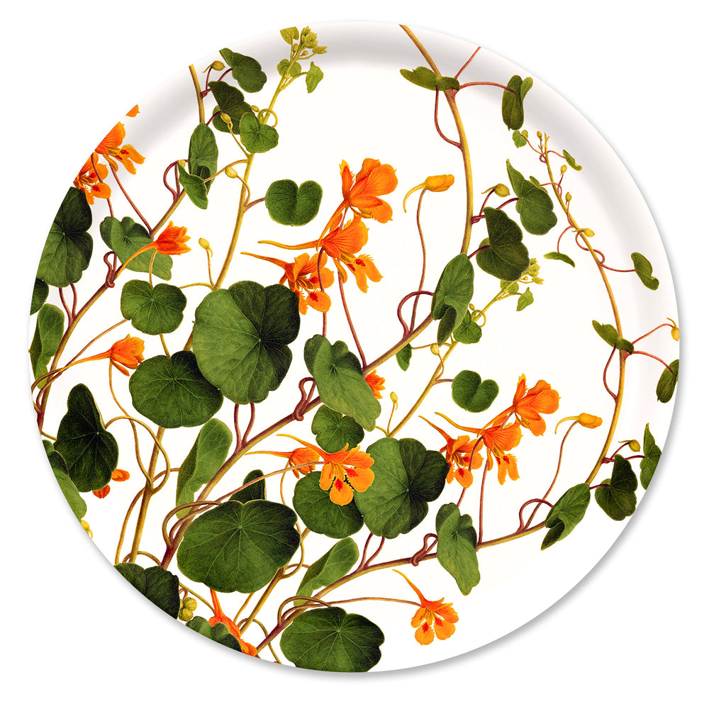 The Nasturtiums Large Round Birchwood Tray by Caskata showcases a botanical design with orange flowers and green leaves on a white background, made from sustainable materials.