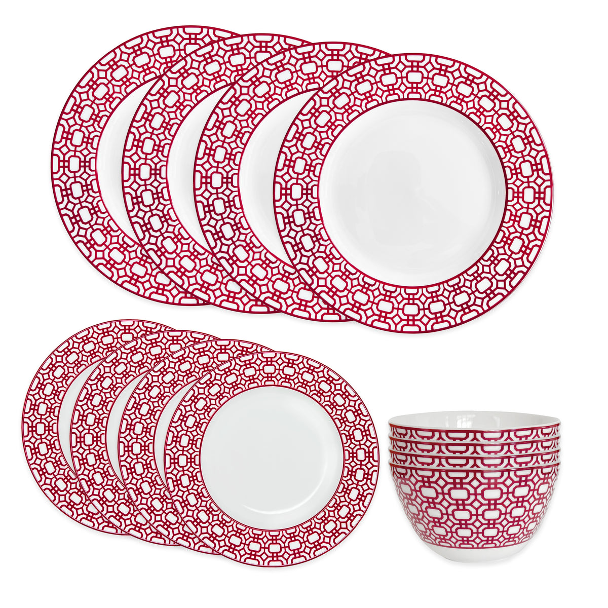Caskata Newport Garden Gate Crimson Geometric Porcelain Dinnerware 12 piece Set including 4 Dinner plates, 4 Salad Plates, 4 Cereal Bowls