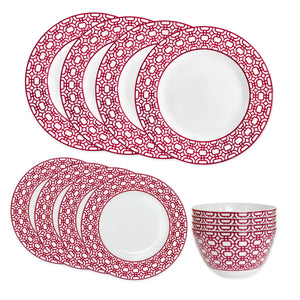 Caskata Newport Garden Gate Crimson Geometric Porcelain Dinnerware 12 piece Set including 4 Dinner plates, 4 Salad Plates, 4 Cereal Bowls