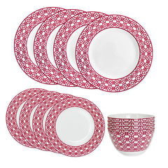 Caskata Newport Garden Gate Crimson Geometric Porcelain Dinnerware 12 piece Set including 4 Dinner plates, 4 Salad Plates, 4 Cereal Bowls