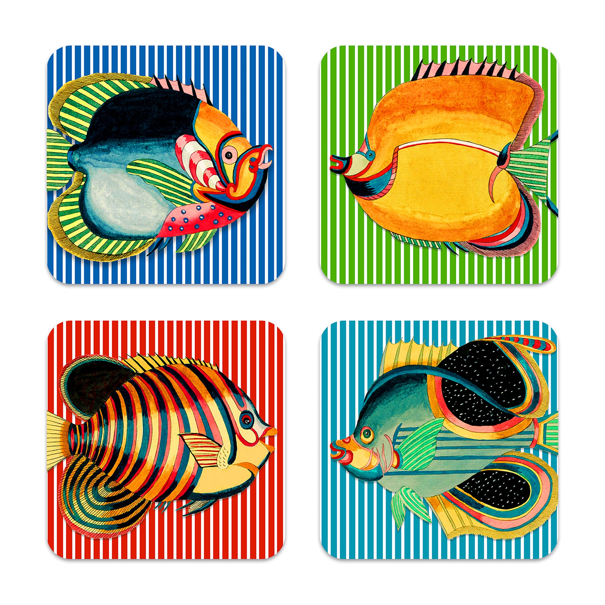 The Party Fish Birchwood Coasters by Caskata showcase four stylized fish illustrations on striped backgrounds in blue, green, red, and orange. These coasters are vibrant, stylish, and eco-friendly.