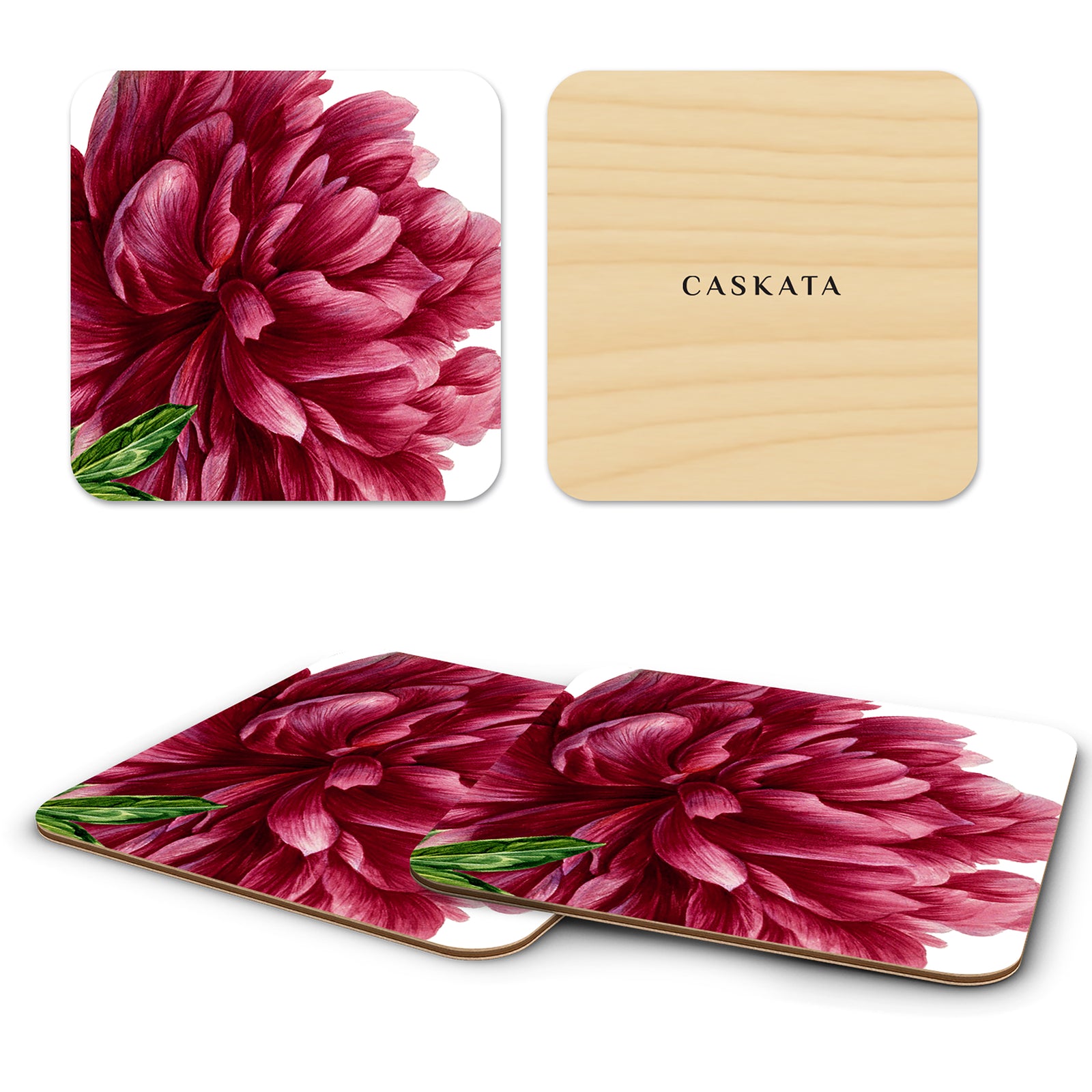 Pink Peony Birchwood Coasters by Caskata feature a front flower design and a branded back. These eco-friendly coasters elegantly rest on a white background.