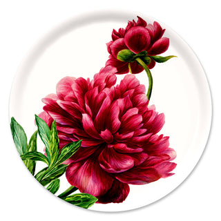 A depiction of two intricate red peonies with lush green leaves against a white background, evoking the elegance of Caskata's Pink Peony Large Round Birchwood Tray.