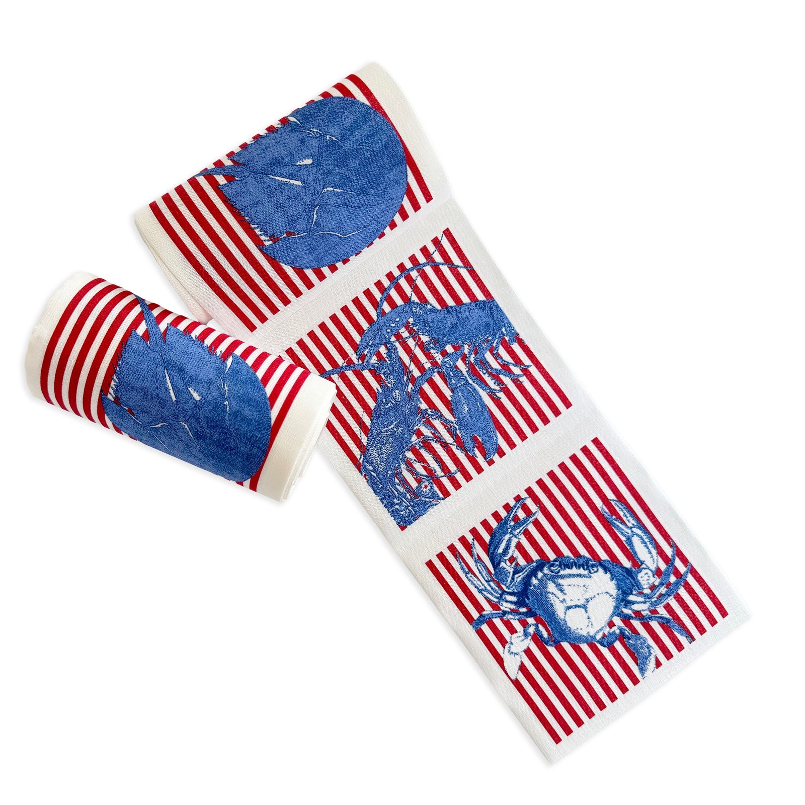 Caskata Seaside Stripe Cocktail Napkin Roll with Red Stripes and Blue Crabs and Lobsters. Made of cotton, reusable & washable, four different designs shown on a white background.