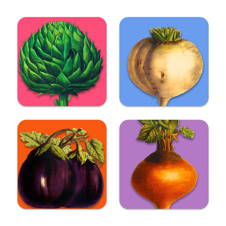 Caskata's Veggies Birchwood Coasters feature artichoke on pink, turnip on blue, eggplants on orange, and rutabaga on purple, each illustrated on environmentally sensitive birchwood trays.