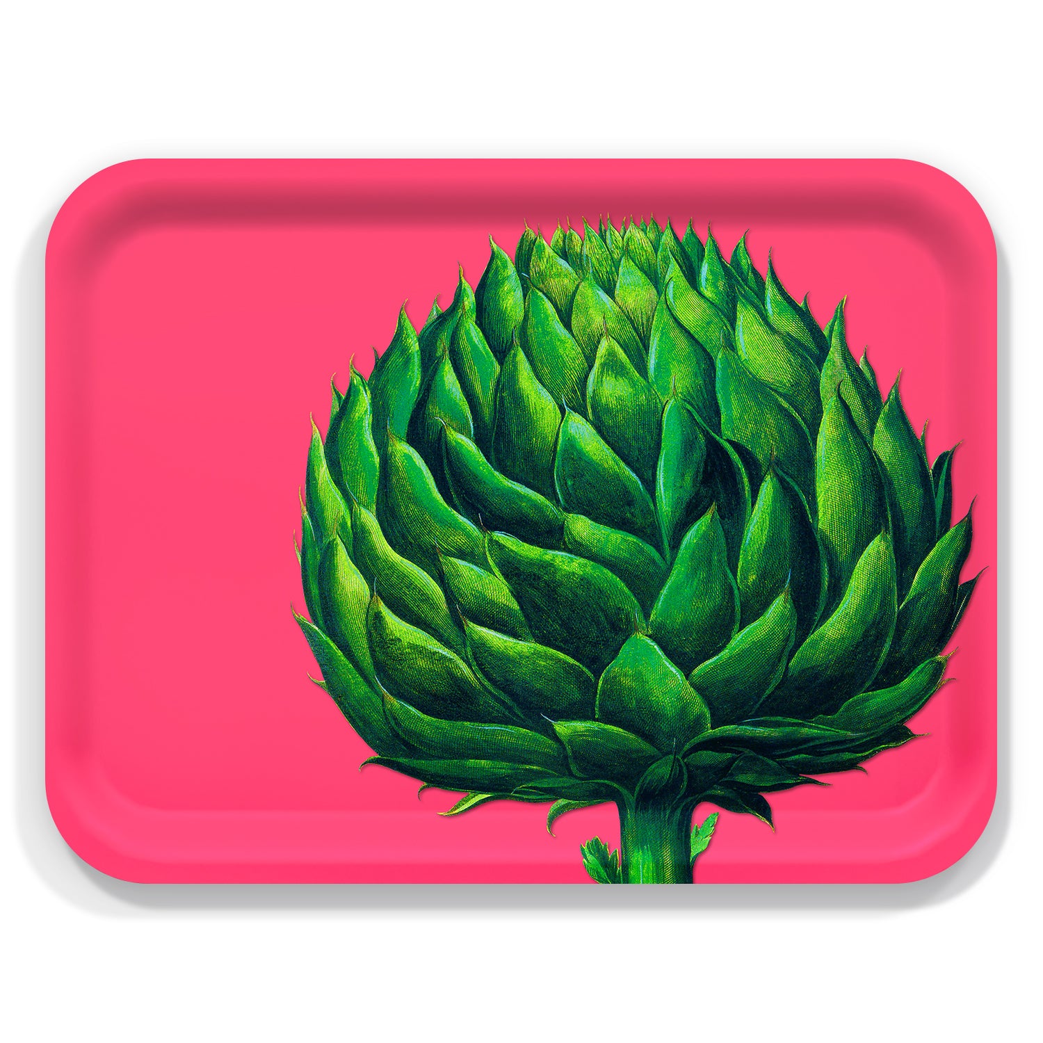 The Artichoke Large Rectangular Birchwood Tray by Caskata features a green artichoke on a vivid pink background, perfect for adding a pop of color to your sustainable decor.