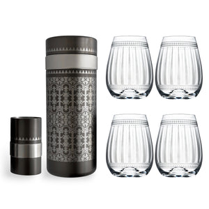 The Art Deco Bar Bundle by Caskata features four clear patterned stemless wine glasses and an ornate metallic cocktail shaker with lid—an elegant barware set for your home.