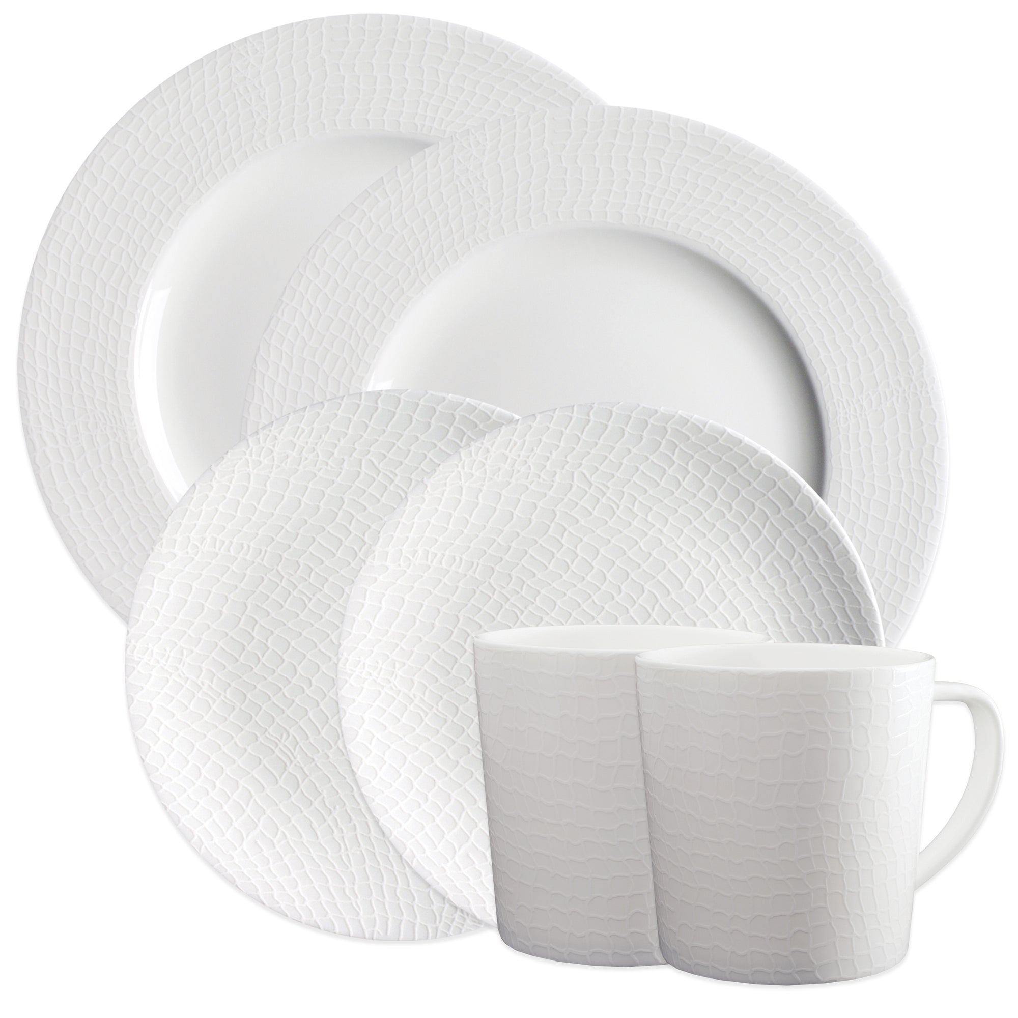 Catch Textured White Porcelain Dinnerware set for 2 with 2 Dinner Plates, 2 Salad Plates, and 2 Mugs from Caskata