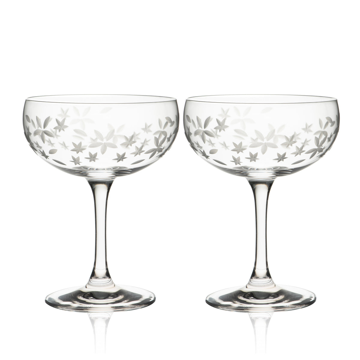 A pair of Chatham Bloom Coupe Cocktail Glasses with a delicate floral pattern. (Brand: Caskata)
