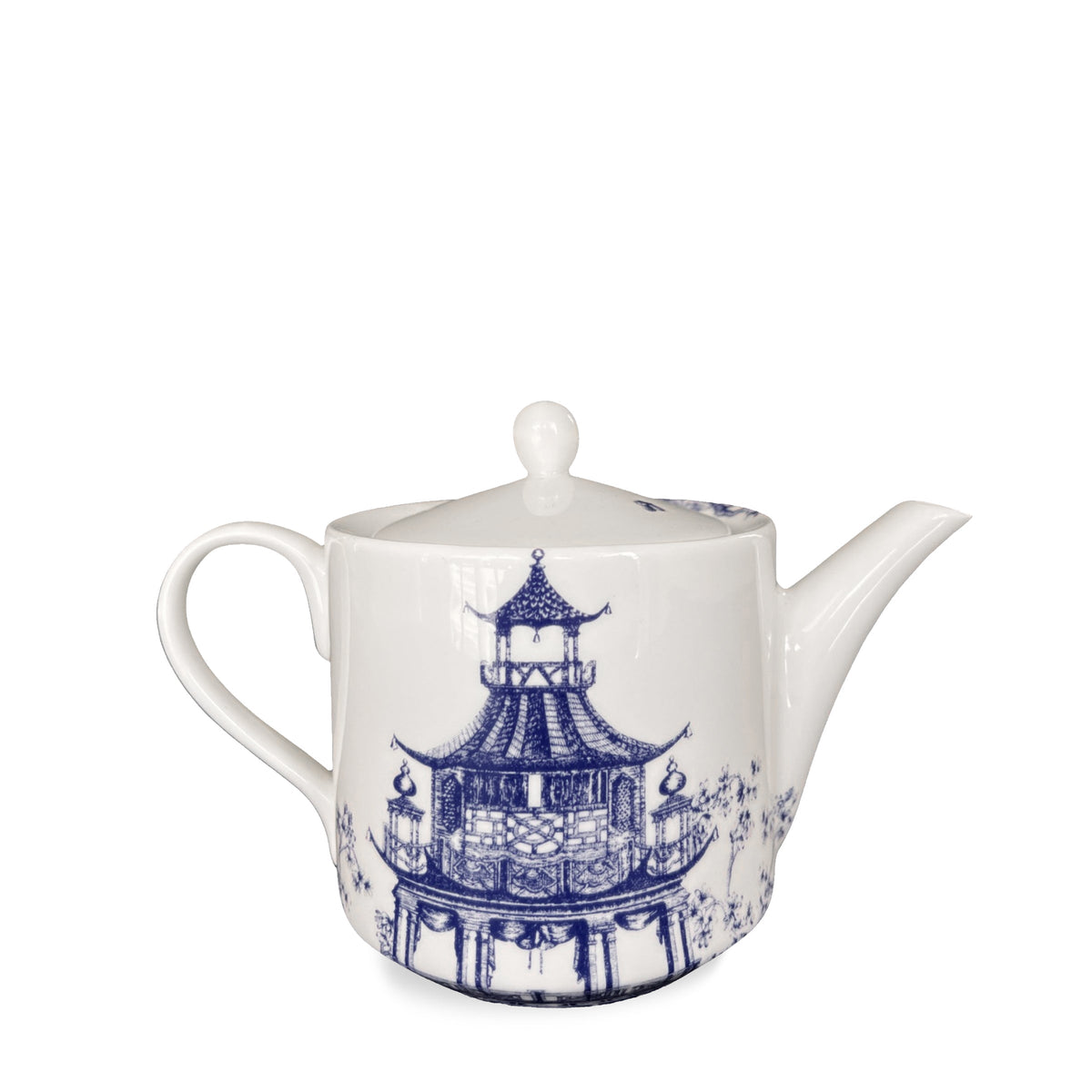 A Caskata Chinoiserie Toile Petite Teapot hand-decorated with a blue and white design.
