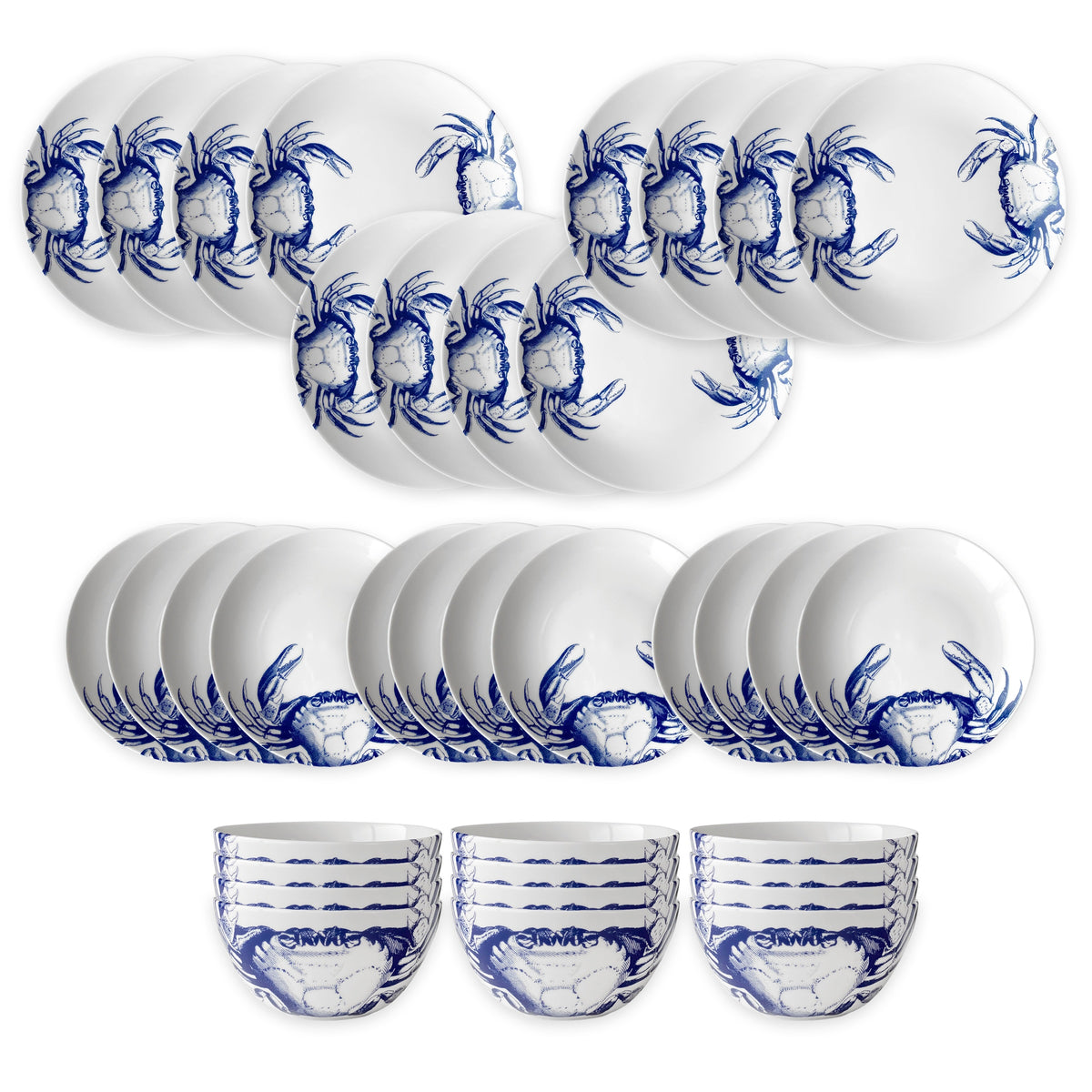 The Caskata Crab Table for 12 is a 36-piece porcelain dinnerware set with blue crab patterns on plates and bowls, all neatly displayed on a white background.