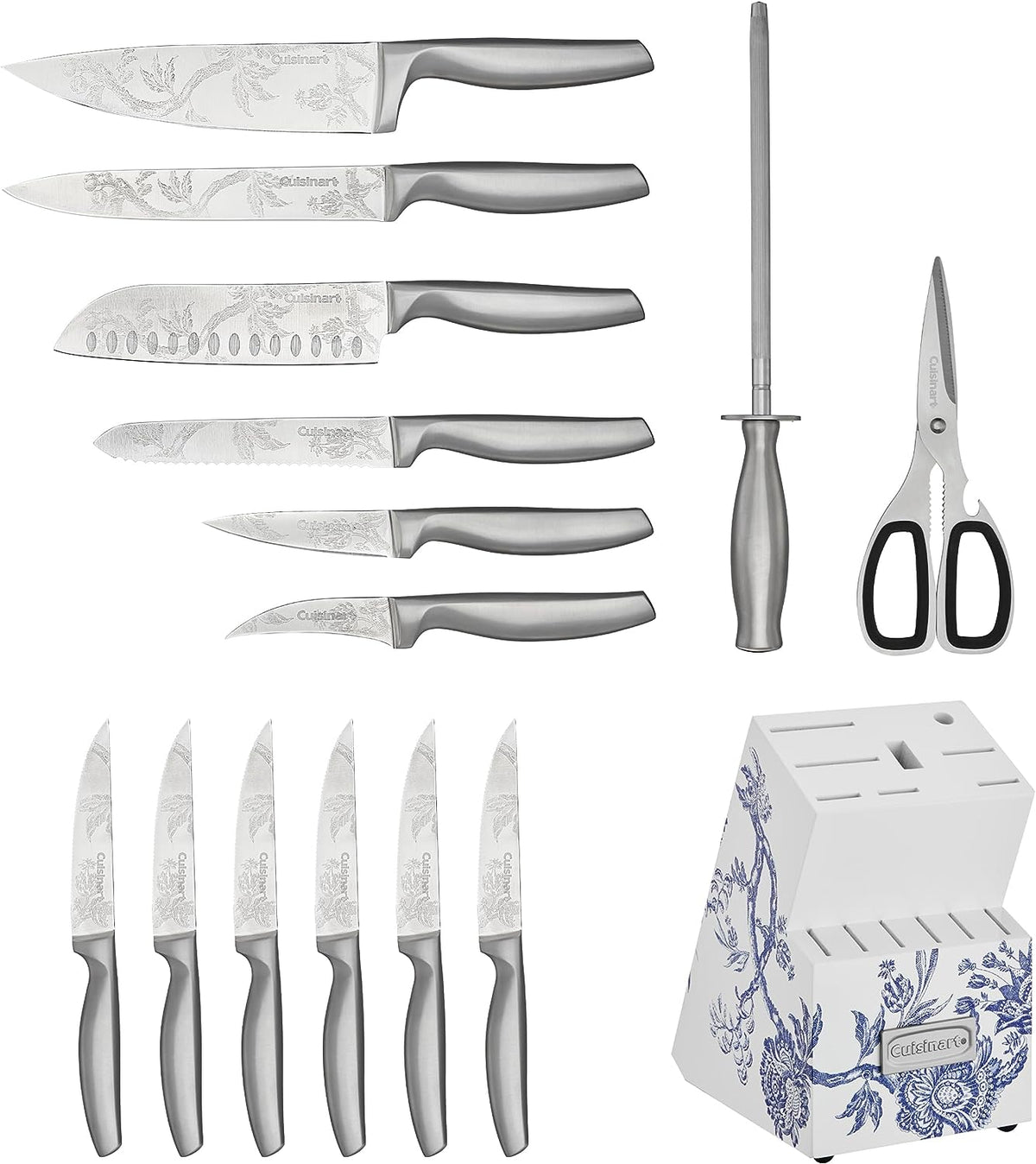 A Caskata X Cuisinart Limited Edition Arcadia 15 pc. German Stainless Steel Cutlery Block set, featuring a floral pattern and including a knife sharpener.
