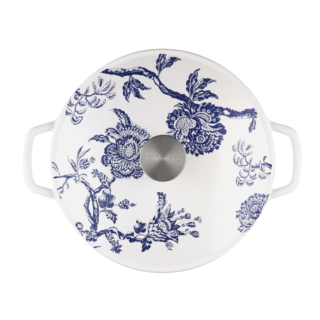 Caskata X Cuisinart Arcadia Enameled Cast Iron 5 Qt. Round Casserole with lid in classic blue and white.