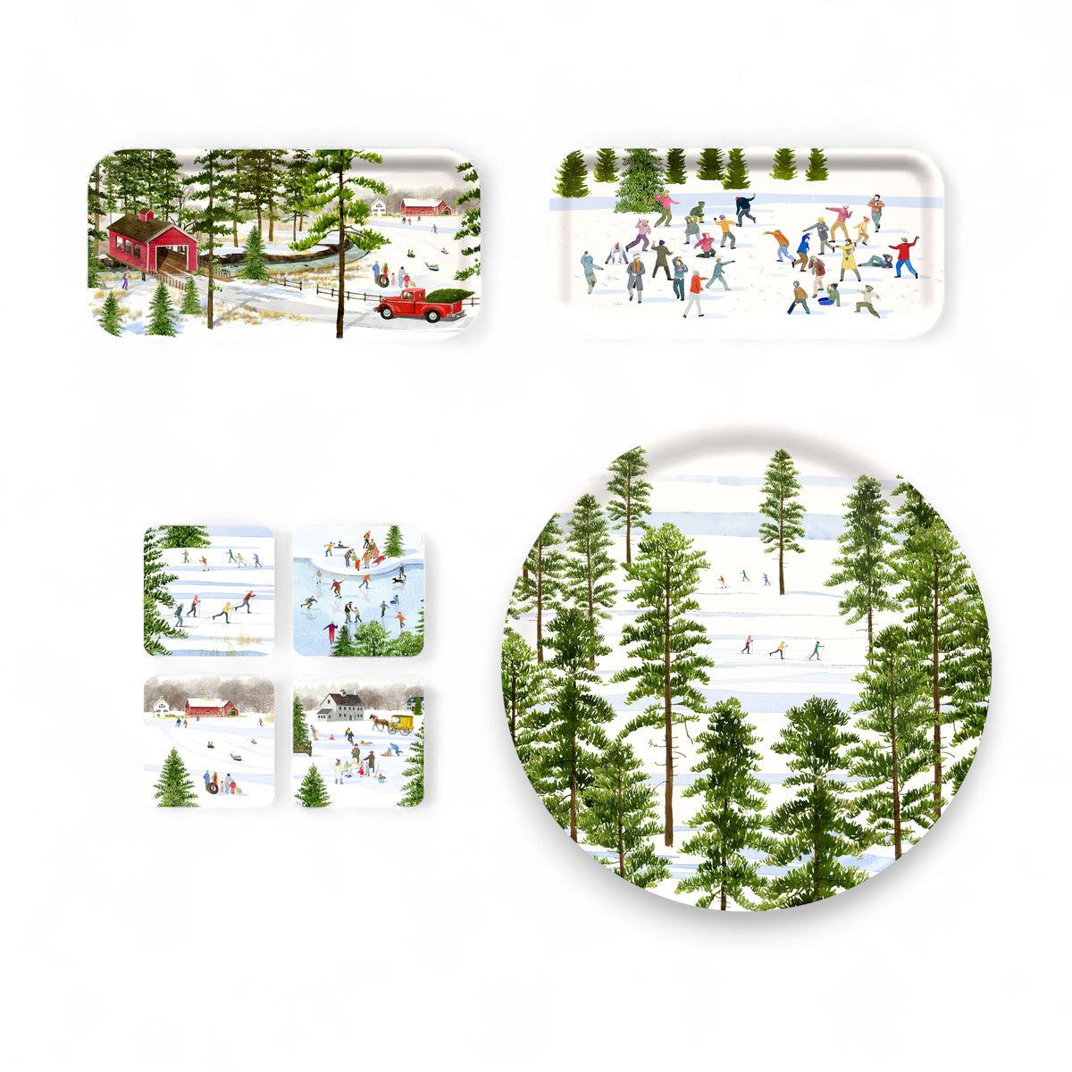 The Felix Doolittle "Deluxe Doolittle" Bundle includes watercolor trays and plates with winter scenes—ice skating, snowy landscapes, trees, and a red covered bridge—perfect for holiday decor.