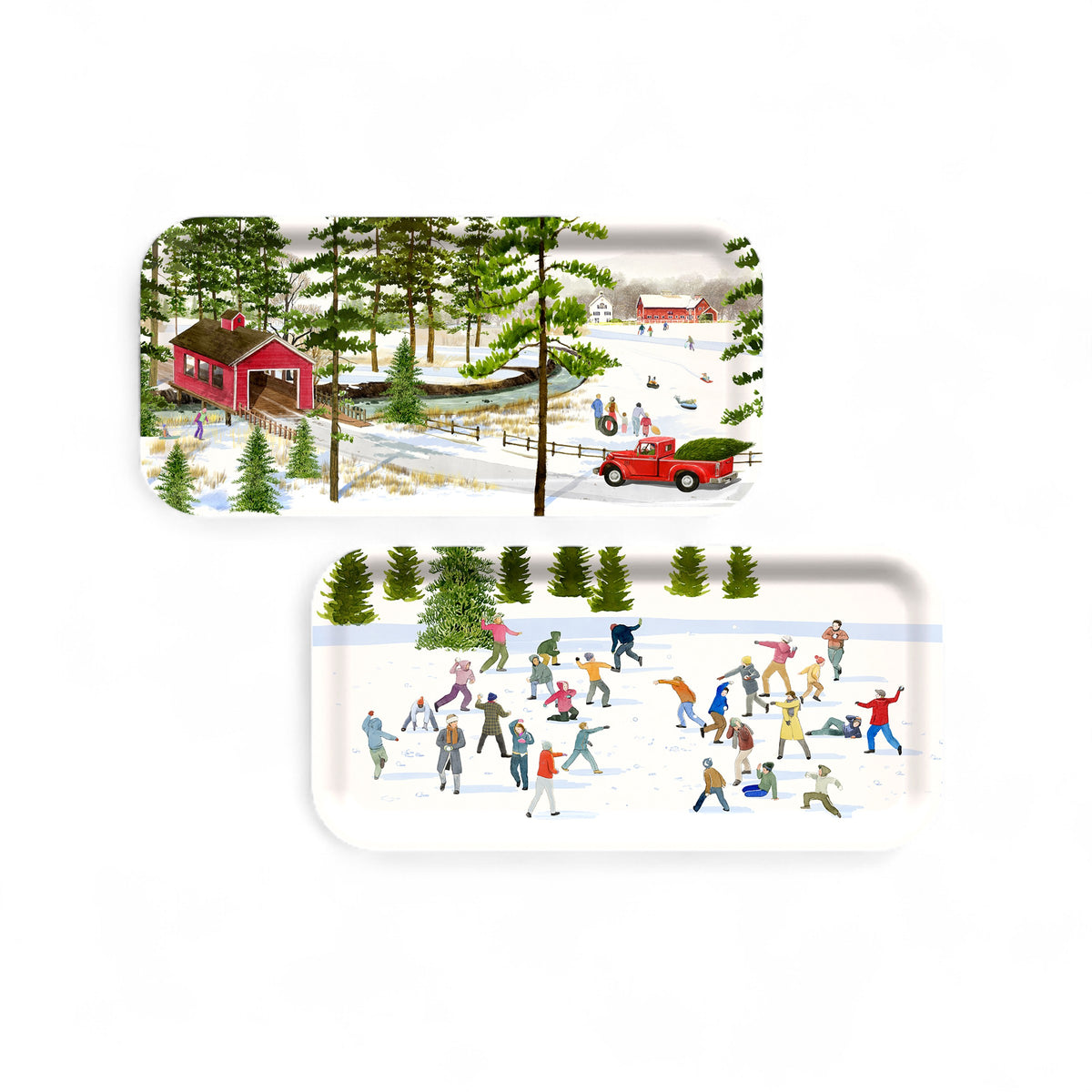 The "Doolittle Holiday" Bundle by Felix Doolittle includes two birchwood trays featuring charming winter scenes: one with cabins, people, and a red truck among trees, the other showing ice skating and playful snow moments.
