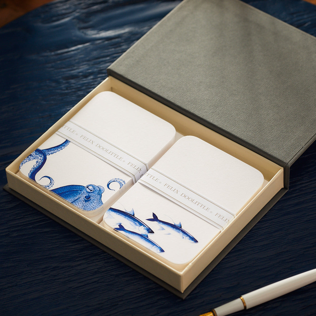 Felix Doolittle&#39;s Caskata X Felix Doolittle Lucy &amp; School of Fish note card set and notepads in a box with a pen.