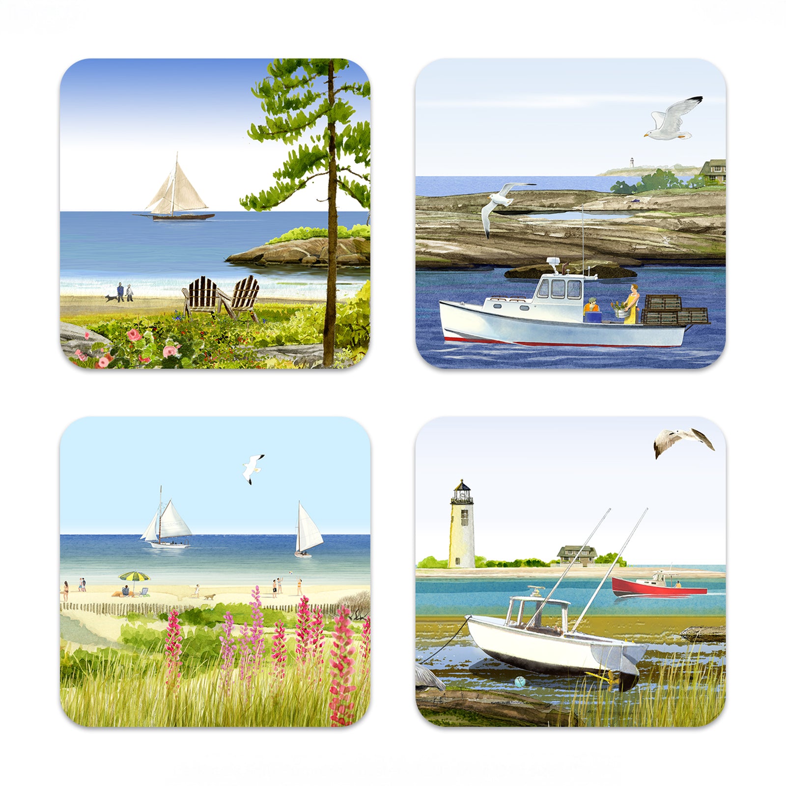 Four coastal illustrations—boats, seagulls, a lighthouse, and beaches—adorn this set of four FSC-certified birchwood coasters by Caskata X Felix Doolittle, made in Finland.