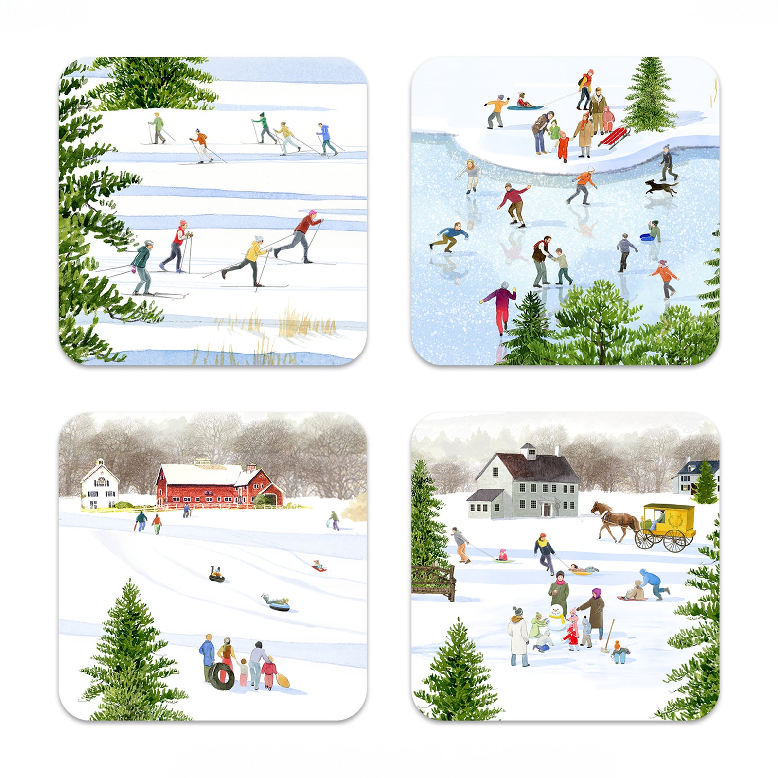 Four winter scenes—skiing, skating, sledding by a red barn, and a horse-drawn sleigh—decorate Caskata X Felix Doolittle Winter Birchwood Coasters. Set of 4 by Caskata; made in Finland from FSC-certified birchwood.