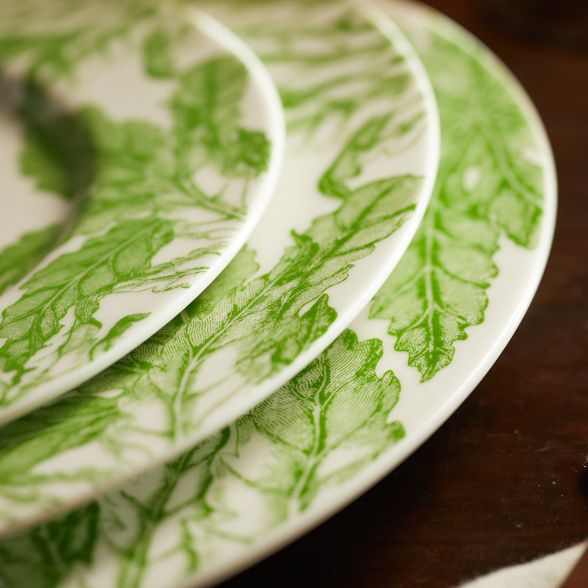 Close-up of three Caskata Artisanal Home Freya Rimmed Charger Plates with green floral patterns stacked together on a dark wooden surface, reminiscent of a porcelain charger.