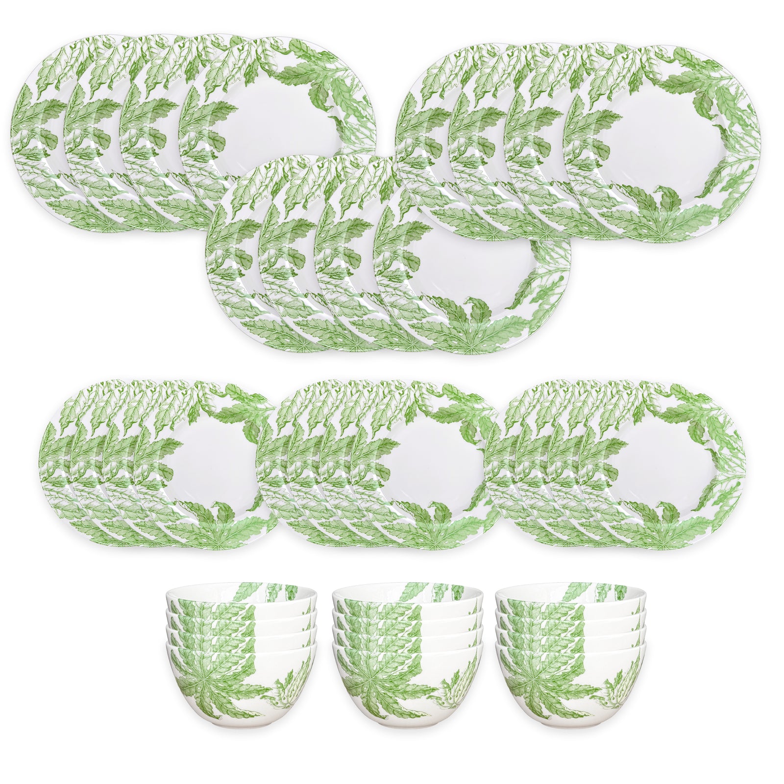 The Caskata Freya Table for 12 is a 36-piece porcelain dinnerware set with white plates and bowls adorned with green fern leaf patterns. Dishwasher and microwave safe, it offers everyday convenience and style.