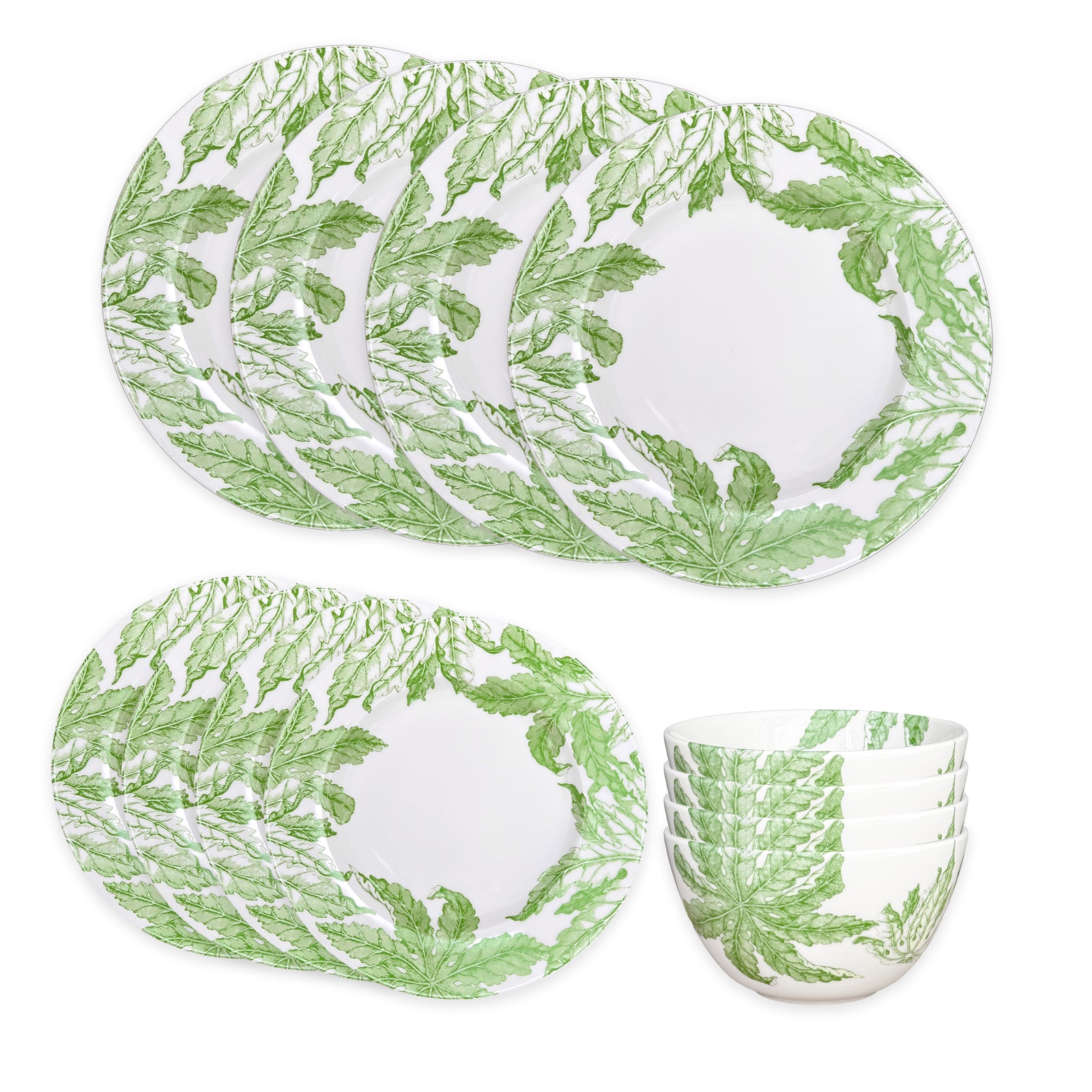 The Caskata Freya Table for 4 is a premium 12-piece porcelain dinnerware set with white plates, bowls, and serving platters featuring elegant green leaf patterns, arranged neatly on a white background.