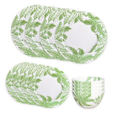 The Caskata Freya Table for 4 is a premium 12-piece porcelain dinnerware set with white plates, bowls, and serving platters featuring elegant green leaf patterns, arranged neatly on a white background.