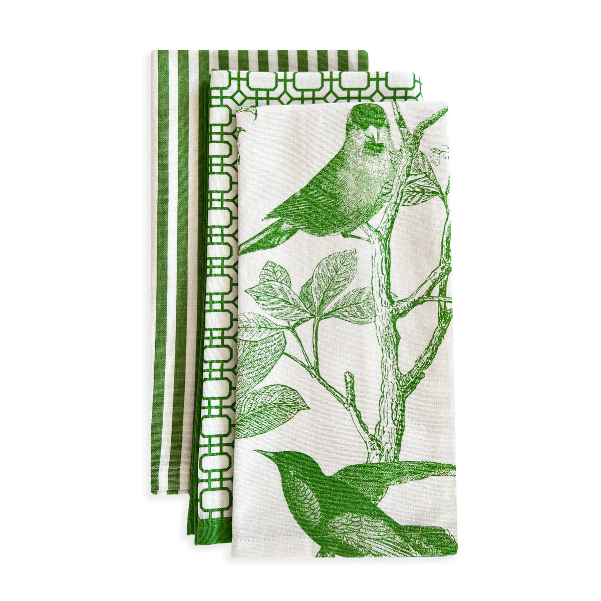 A Pinstripe Dinner Napkin in Green Set/4 with a hummingbird on it by Caskata.