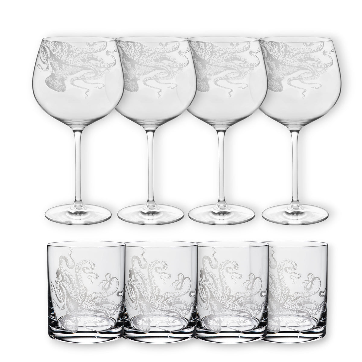 The "Cocktails with Lucy" Bundle by Caskata includes eight clear glasses—four tall wine and four short rocks glasses—each etched with an octopus design, arranged in two rows on a white background.